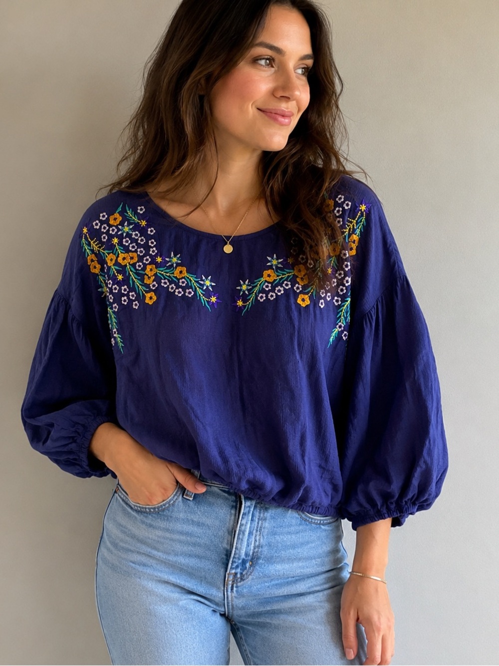 Gipsy Blue Embroidered Boho Peasant Blouse Size Small Floral Festival Top